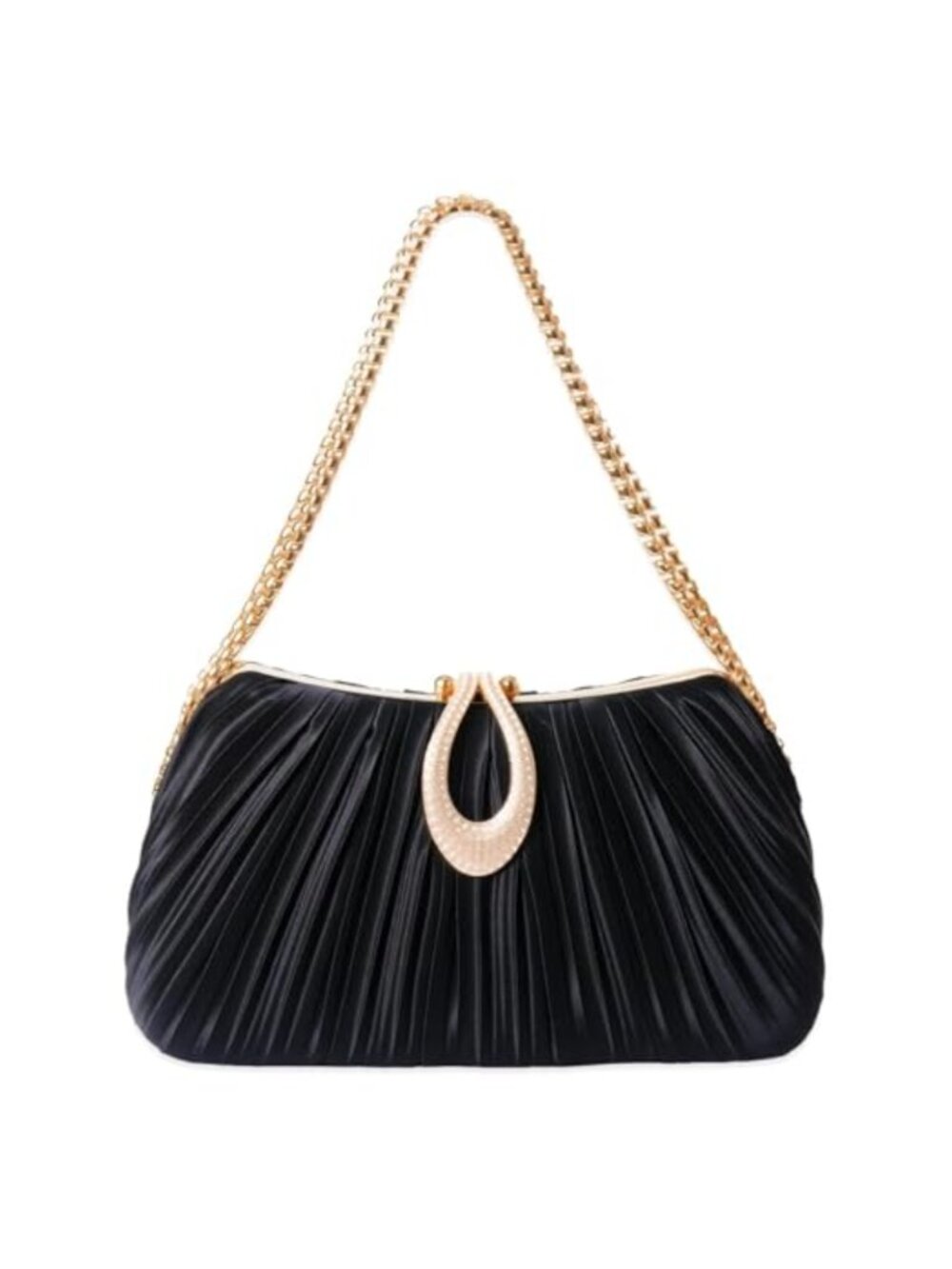 Pleated Satin Evening Clutch with Chain Strap & Crystal Clasp